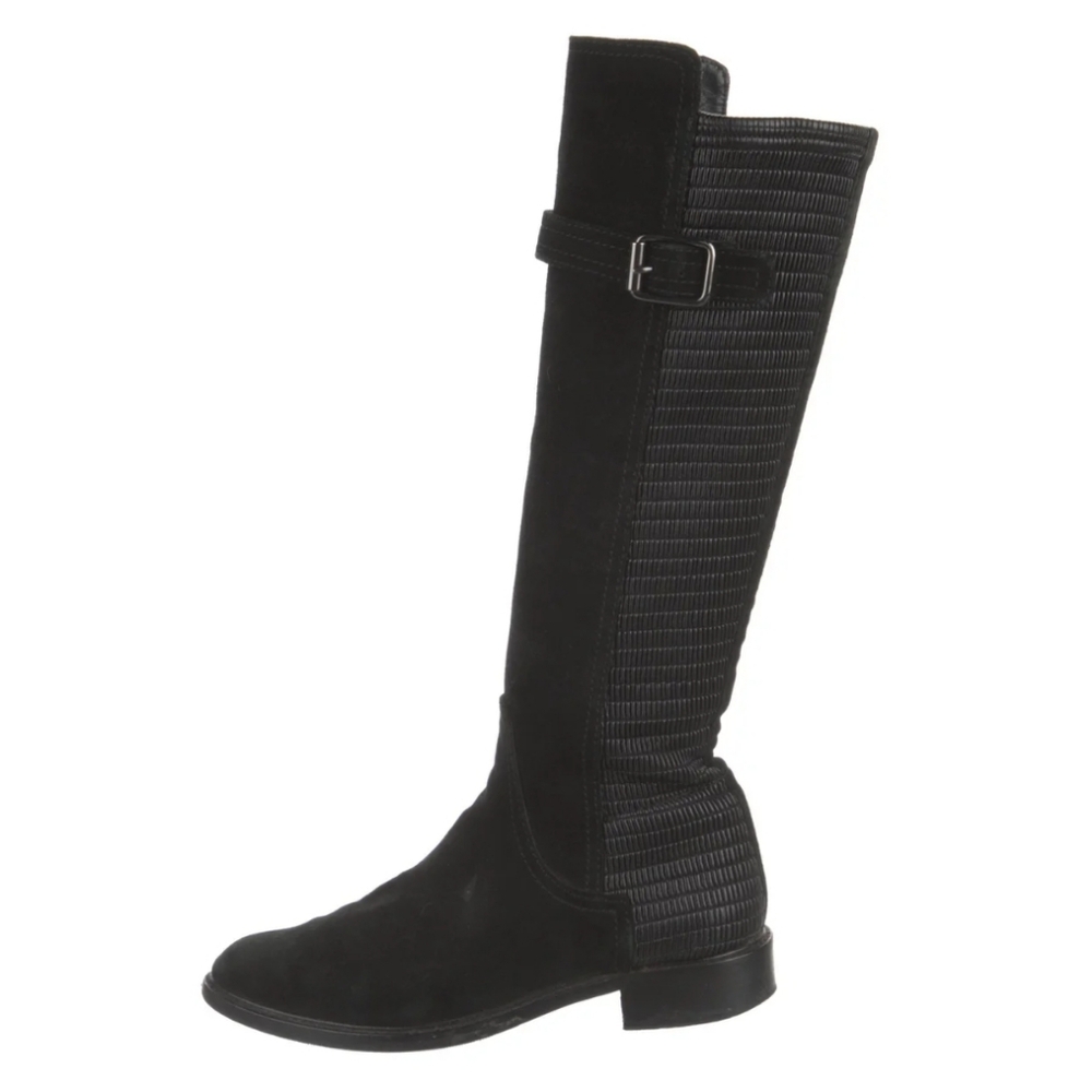 Aquatalia Gael Smocked Stretch Back Black Suede Knee High‎ Riding Boots Size 6.5